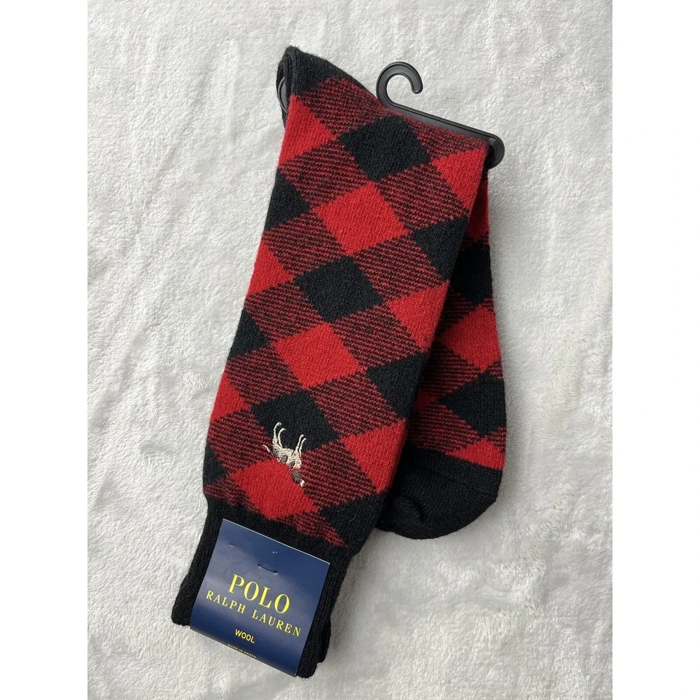 POLO RALPH LAUREN Sock Men Size 10-13 Hunting Dog Embroidered Red Diamond Check
